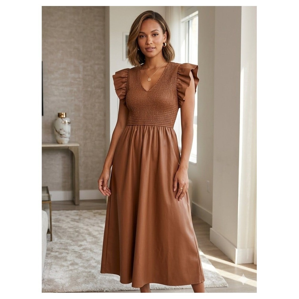 En Saison Brown Faux Leather Smocked Midi Dress Ruffle Sleeve Tan Womens Medium